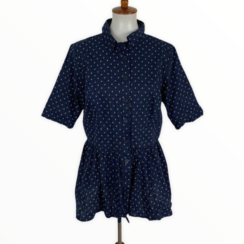 Zapelle Navy Blue Anchor Print Button Front Drawstring Waist Top XL